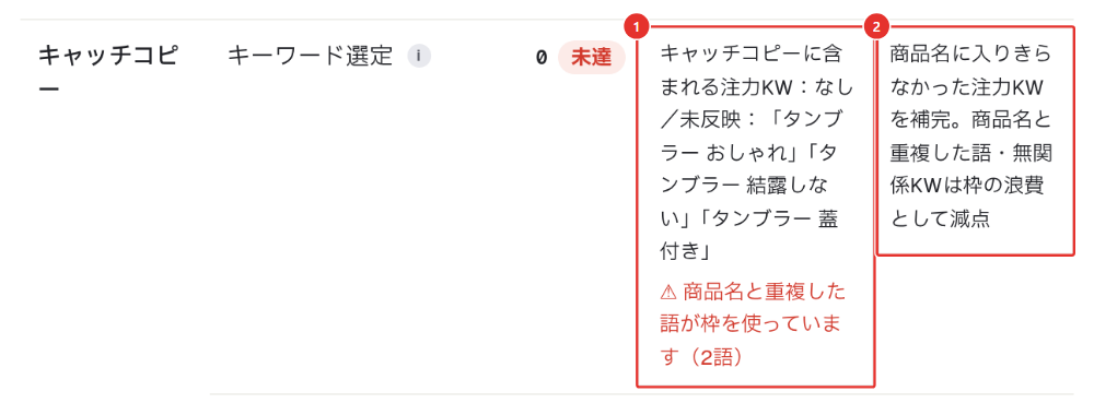 SEO診断の、キャッチコピーのキーワード選定の行。現状設定に未反映の注力キーワードと警告が表示されている画面